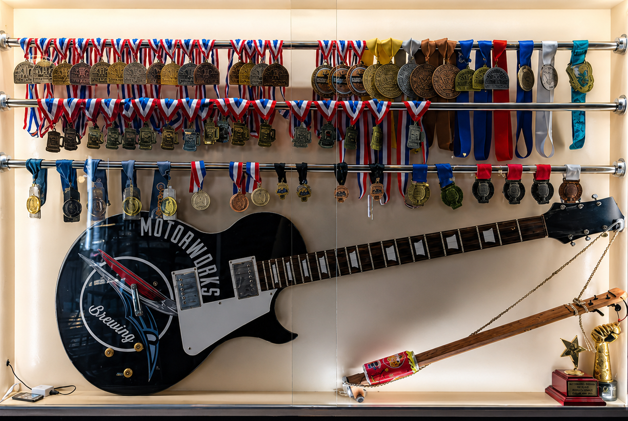 Awards & Competitive Spirit The Winner’s Podium Since winning our first Great American Beer Festival medal in 2014, Motorworks has earned dozens of awards for lagers, IPAs, stouts, and specialties. The same drive Frank brought from the racetrack fuels every batch.